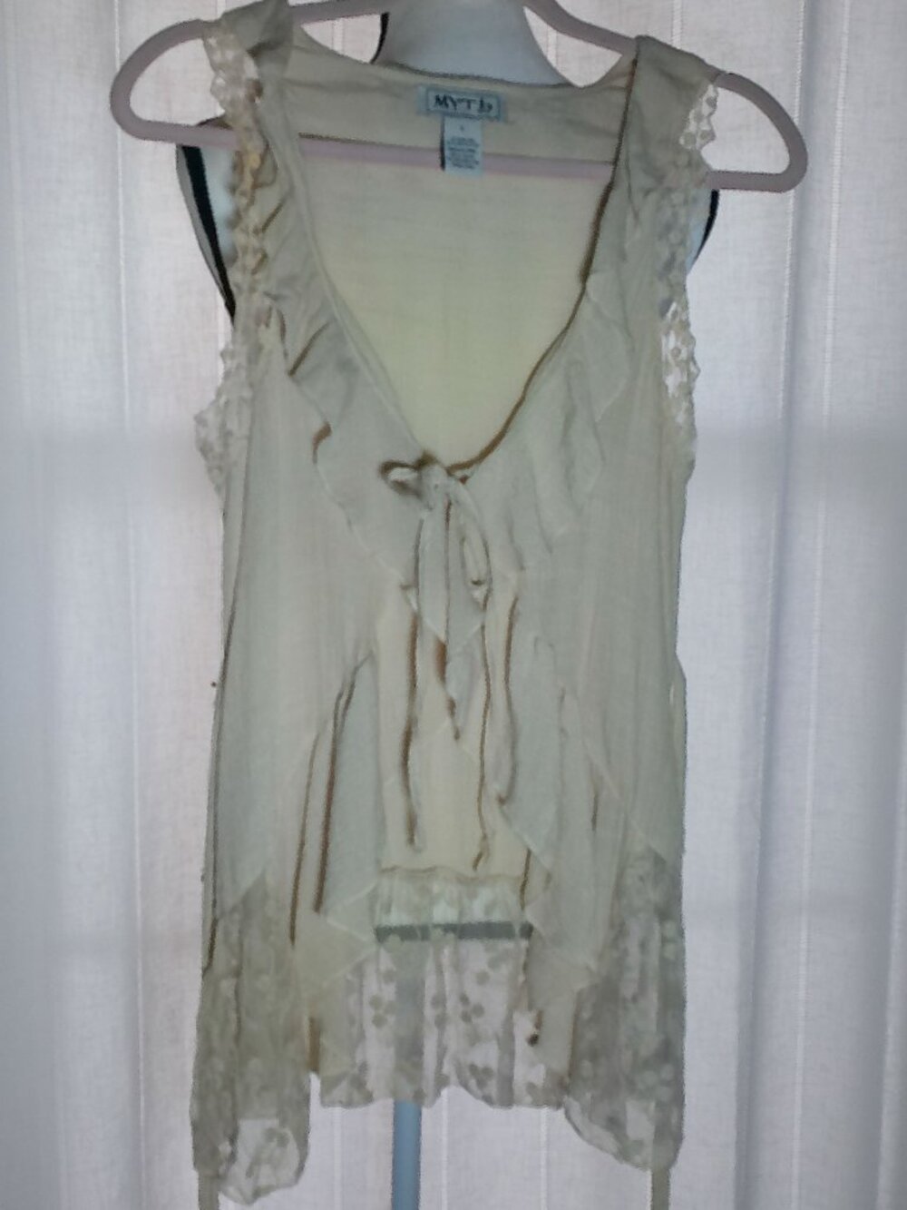 MYTH Vintage Sleeveless Tan Ruffles & Embroidered Lace Tunic Vest w/Tie Back S